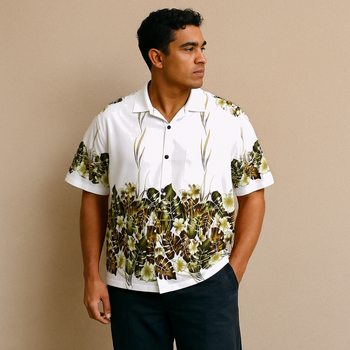 White Leafy Rayon Hawaiian Shirt