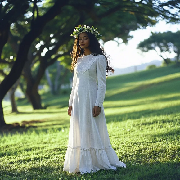 White Long Sleeve Hawaiian Style Dress.
