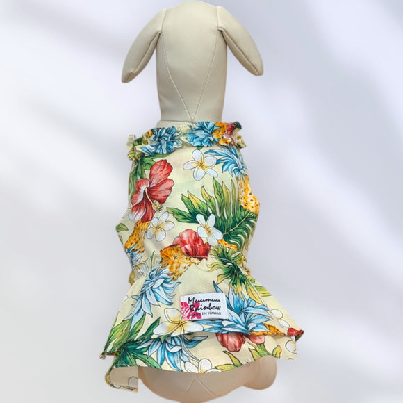 White Pineapple Plumeria Hawaiian Dog Dress