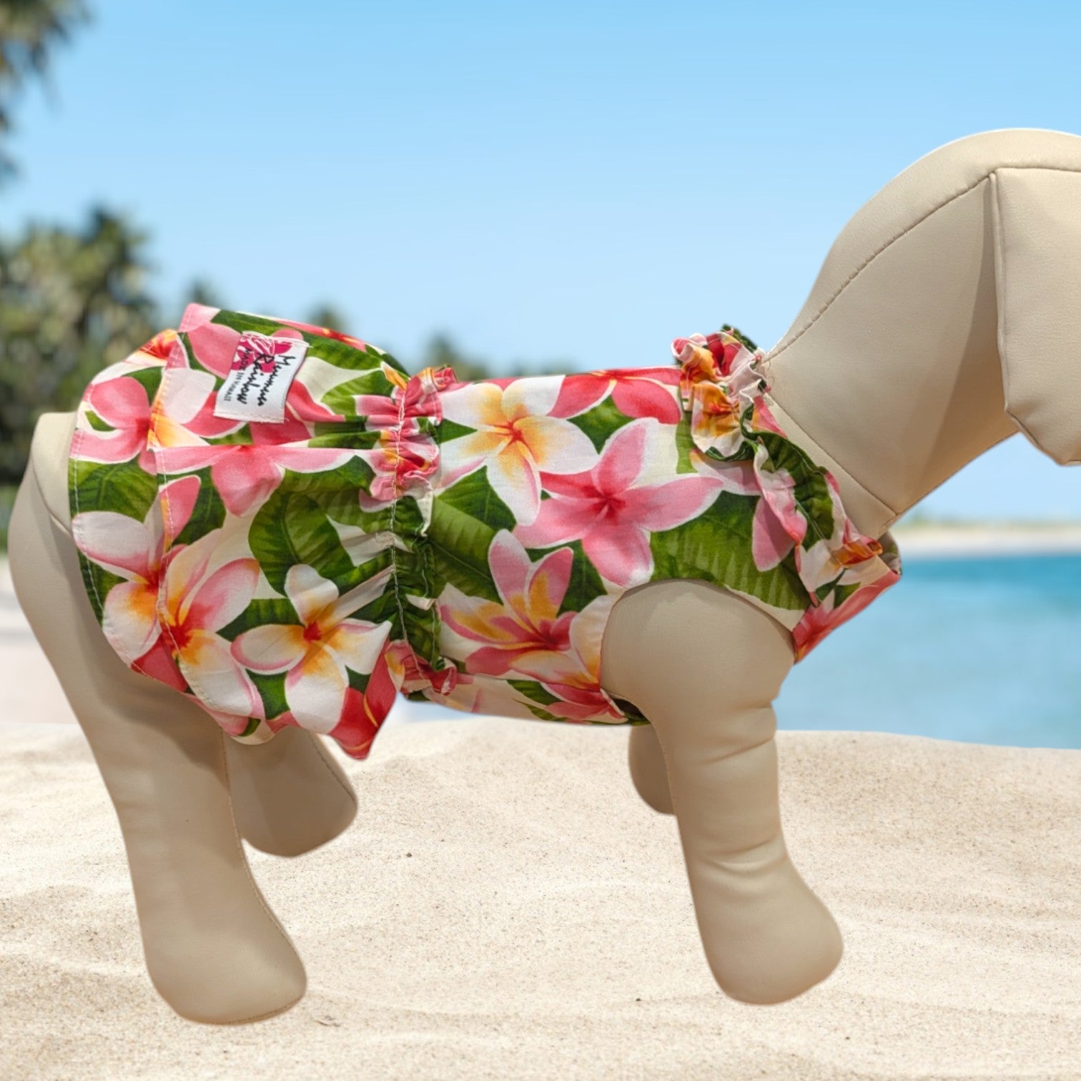 White Pink Plumeria Hawaiian Dog Dress