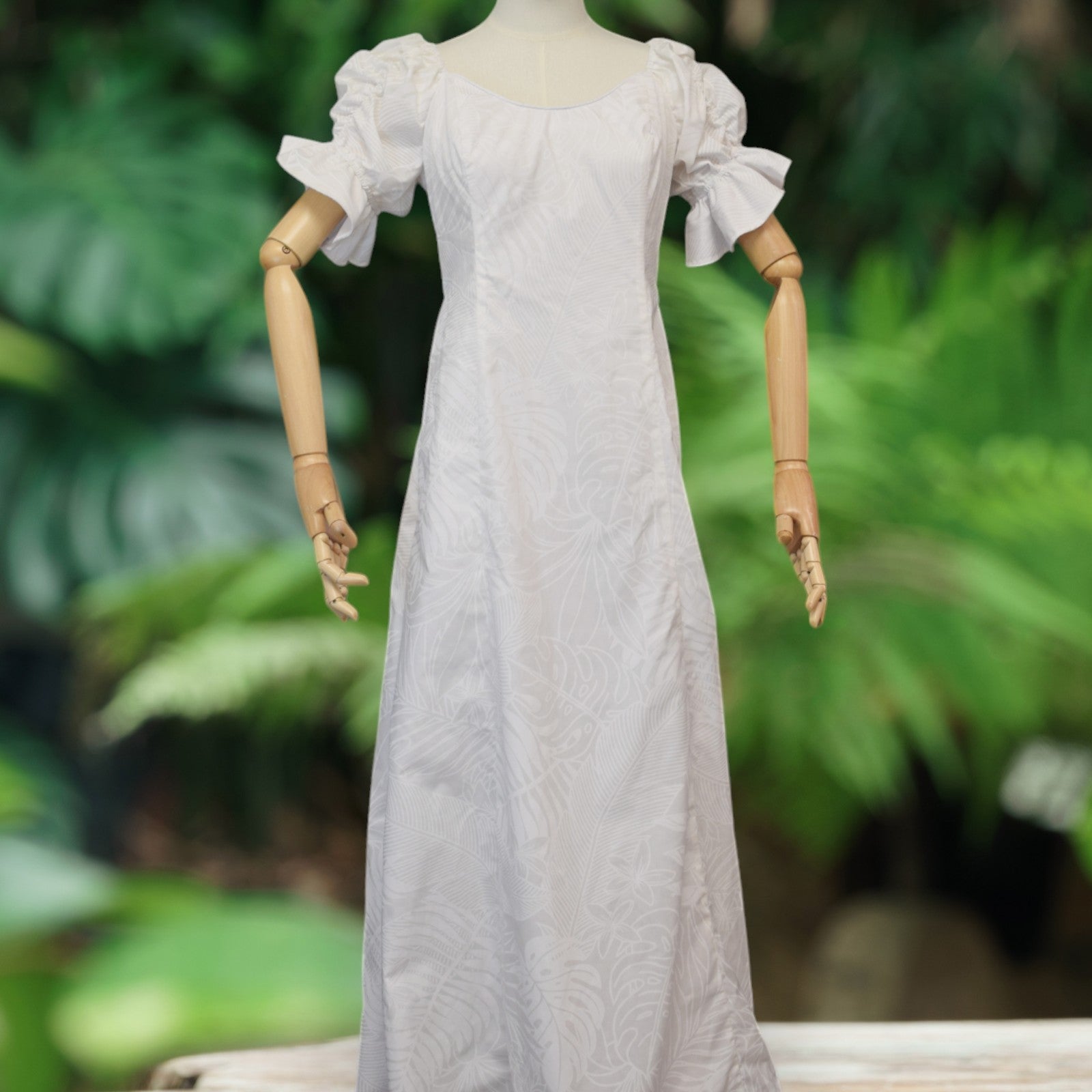 White Plumeria Monstera Hawaiian Long Flare Dress