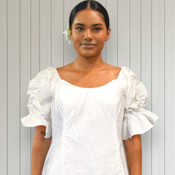 White Plumeria Monstera Hawaiian Long Flare Dress