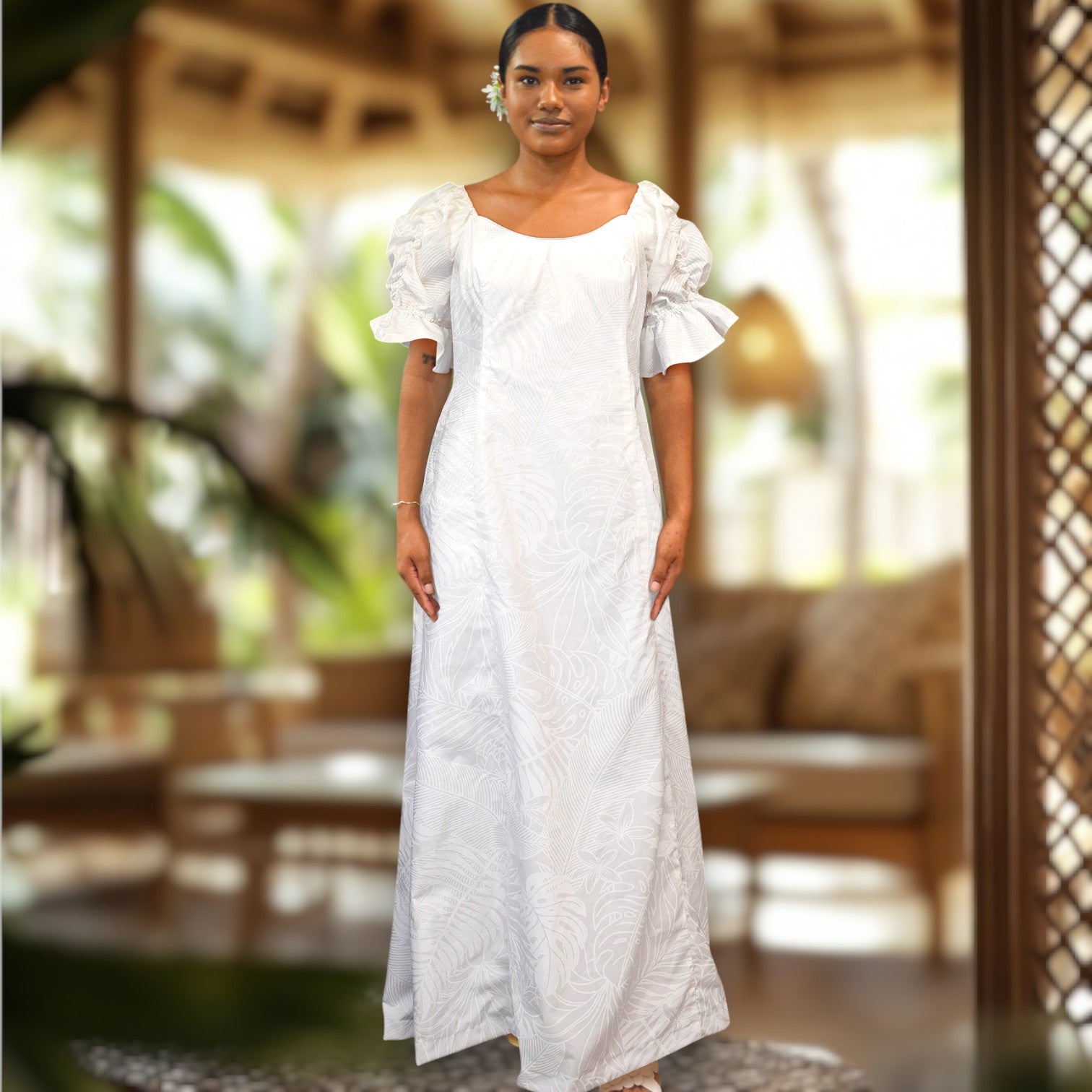 White Plumeria Monstera Hawaiian Long Flare Dress