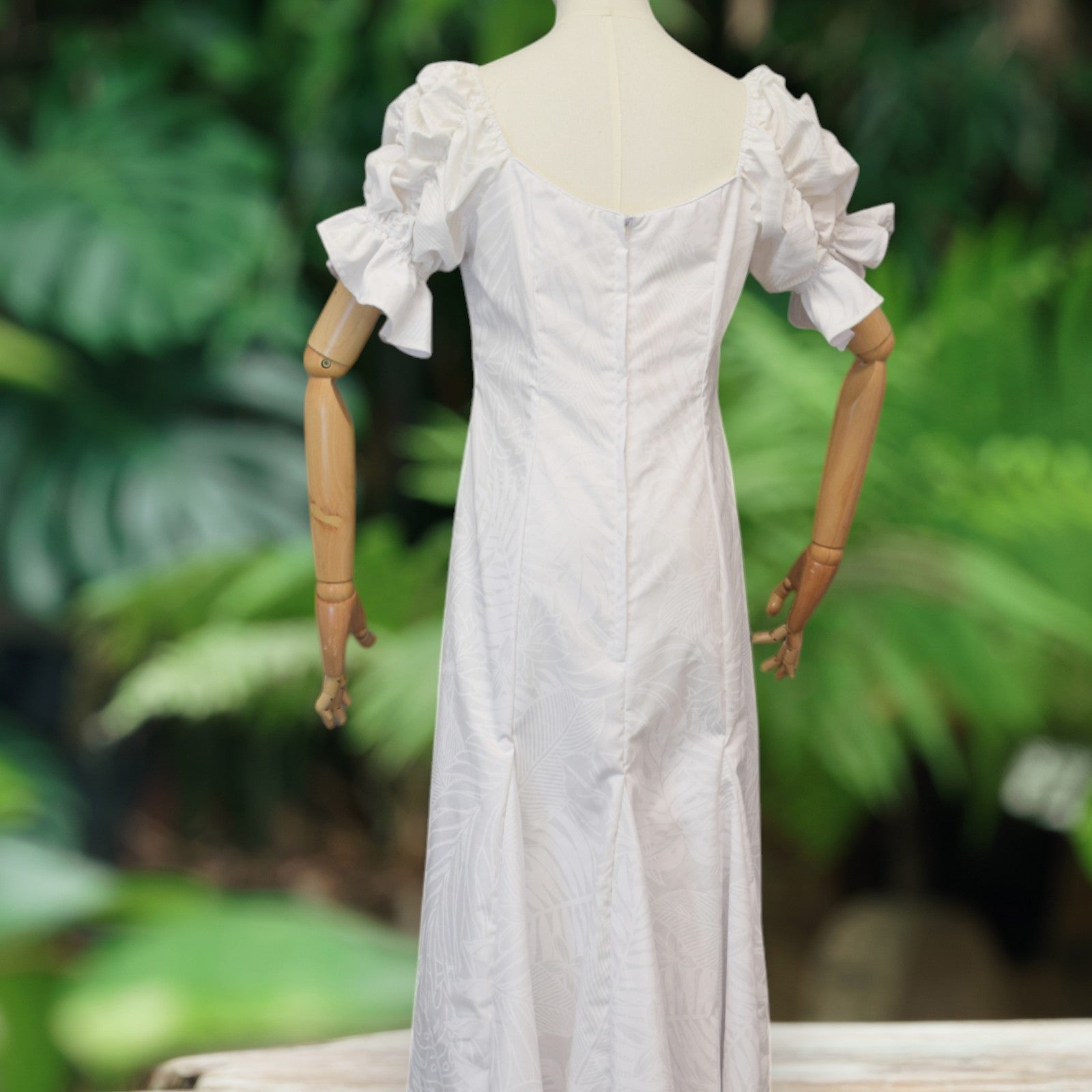 White Plumeria Monstera Hawaiian Long Flare Dress