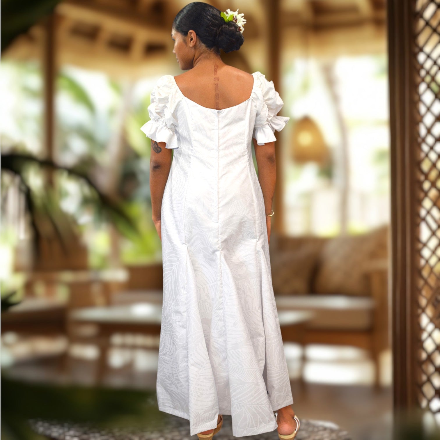 White Plumeria Monstera Hawaiian Long Flare Dress