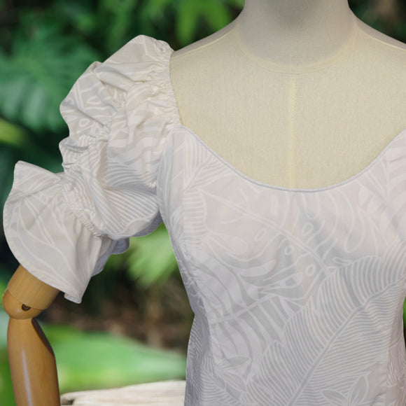 White Plumeria Monstera Hawaiian Long Flare Dress