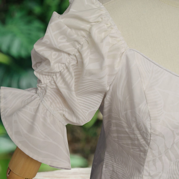 White Plumeria Monstera Hawaiian Long Flare Dress