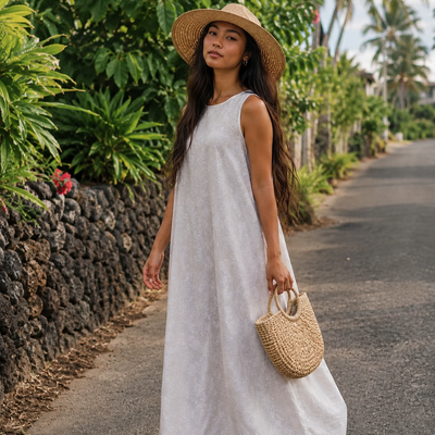 A-Line White Hawaiian Dress with Botanical Print – 2-Way Neckline Resort Maxi Dress MR143 - 0