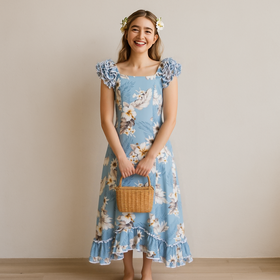 Buy pastel-blue Navy Blue Hibiscus Print Ruffle Sleeve Dress