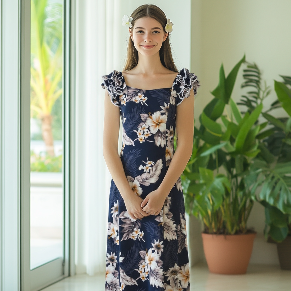 Navy Blue Hibiscus Print Ruffle Sleeve Dress