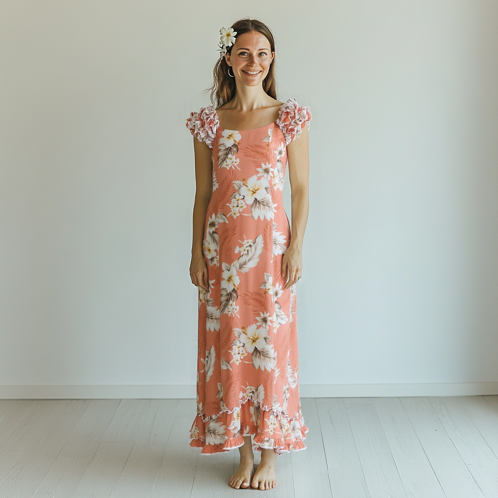 Buy peach Navy Blue Hibiscus Print Ruffle Sleeve Dress