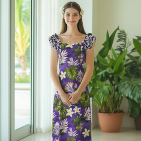 White Tiare Flower Gorgeous Ruffle Hawaiian Dress - Purple