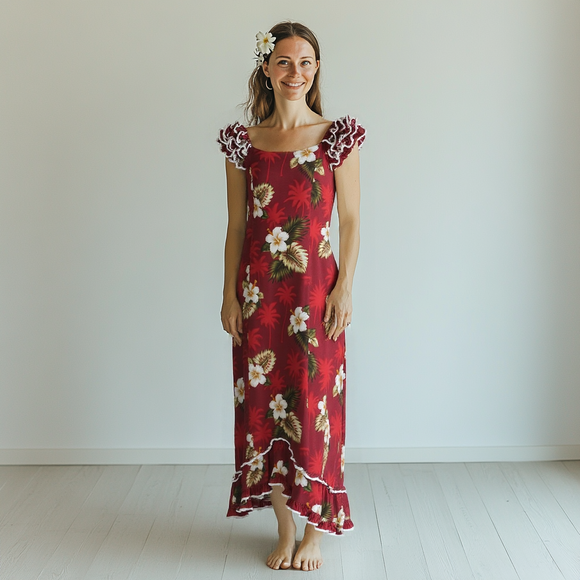 Peach Color Hibiscus Print Ruffle Sleeve Dress