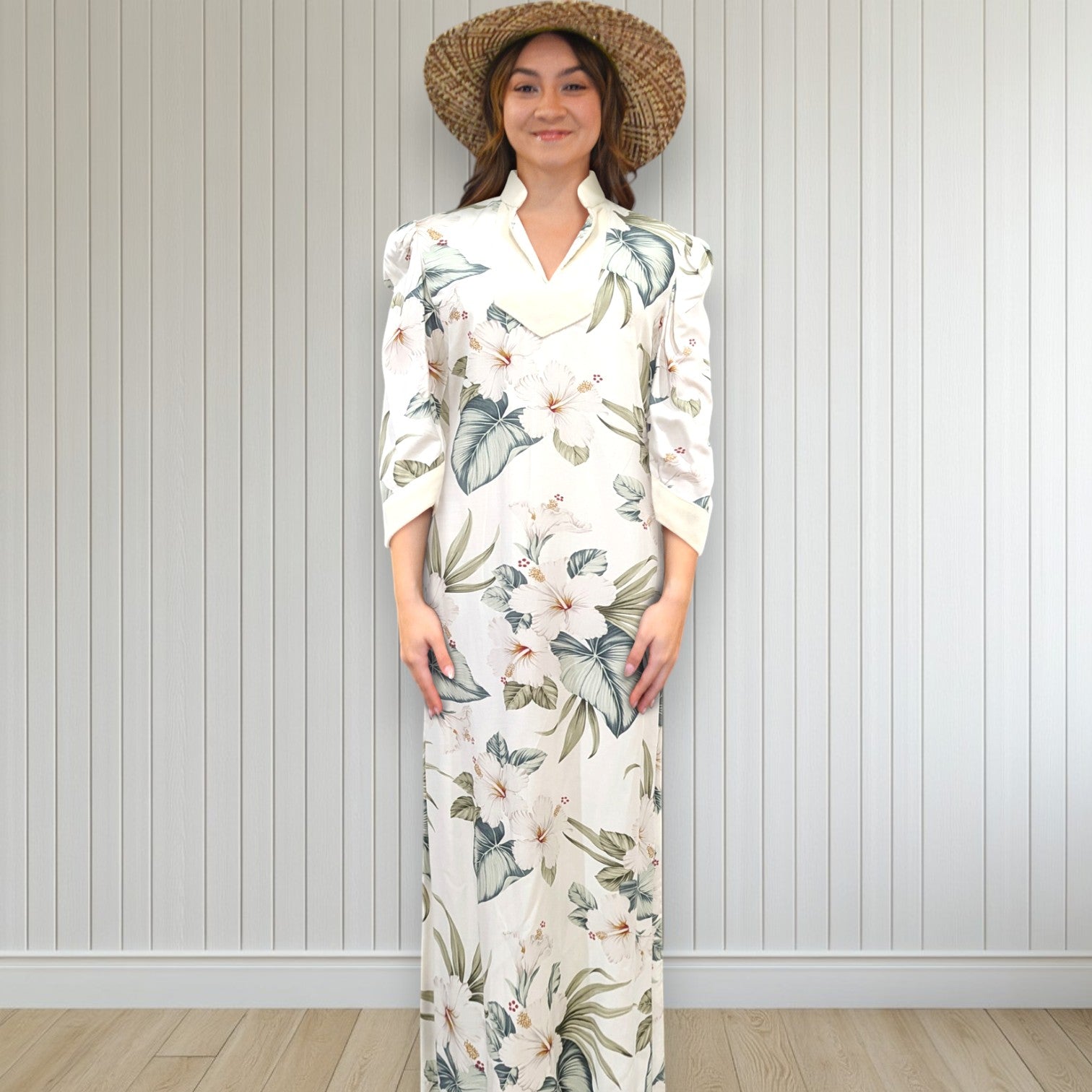 White Velvet Trim Mandarin Collar Hibiscus Dress 2656