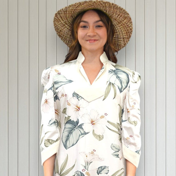 White Velvet Trim Mandarin Collar Hibiscus Dress 