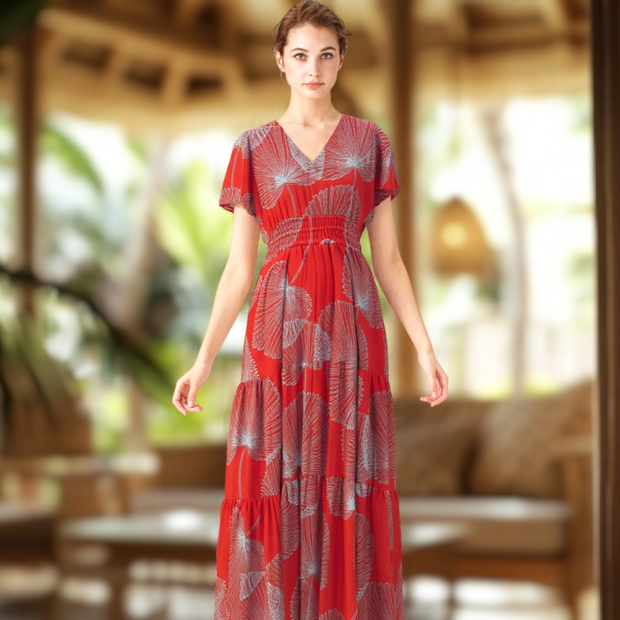 rayon dress Women’s V-Neck Rayon Dress with Smocked Bodice and Ruffle Sleeves in the Loulu Palm Leaf Print Red
