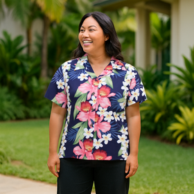 Women's Orchid Panel Navy Hawaiian Shirt