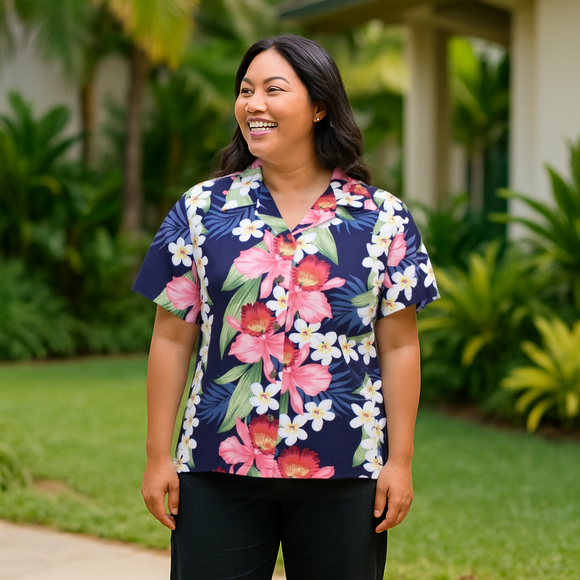 Women's Orchid Panel Navy Hawaiian Shirt
