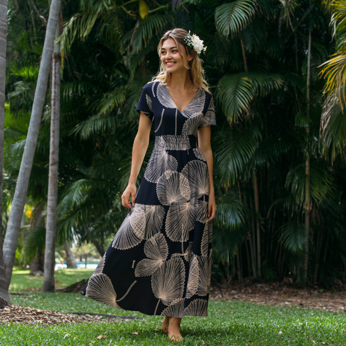 Women’s V-Neck Rayon Dress with Smocked Bodice and Ruffle Sleeves in the Loulu Palm Leaf Print Red