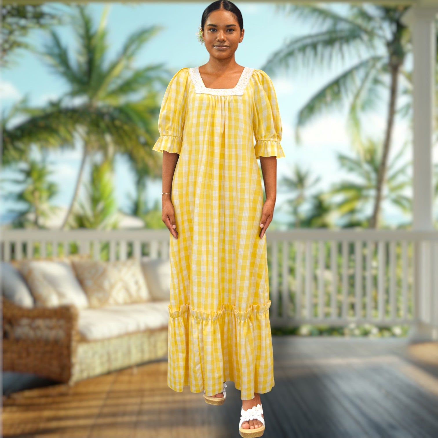 Yellow Palaka Half Sleeve Muumuu Lace Trim