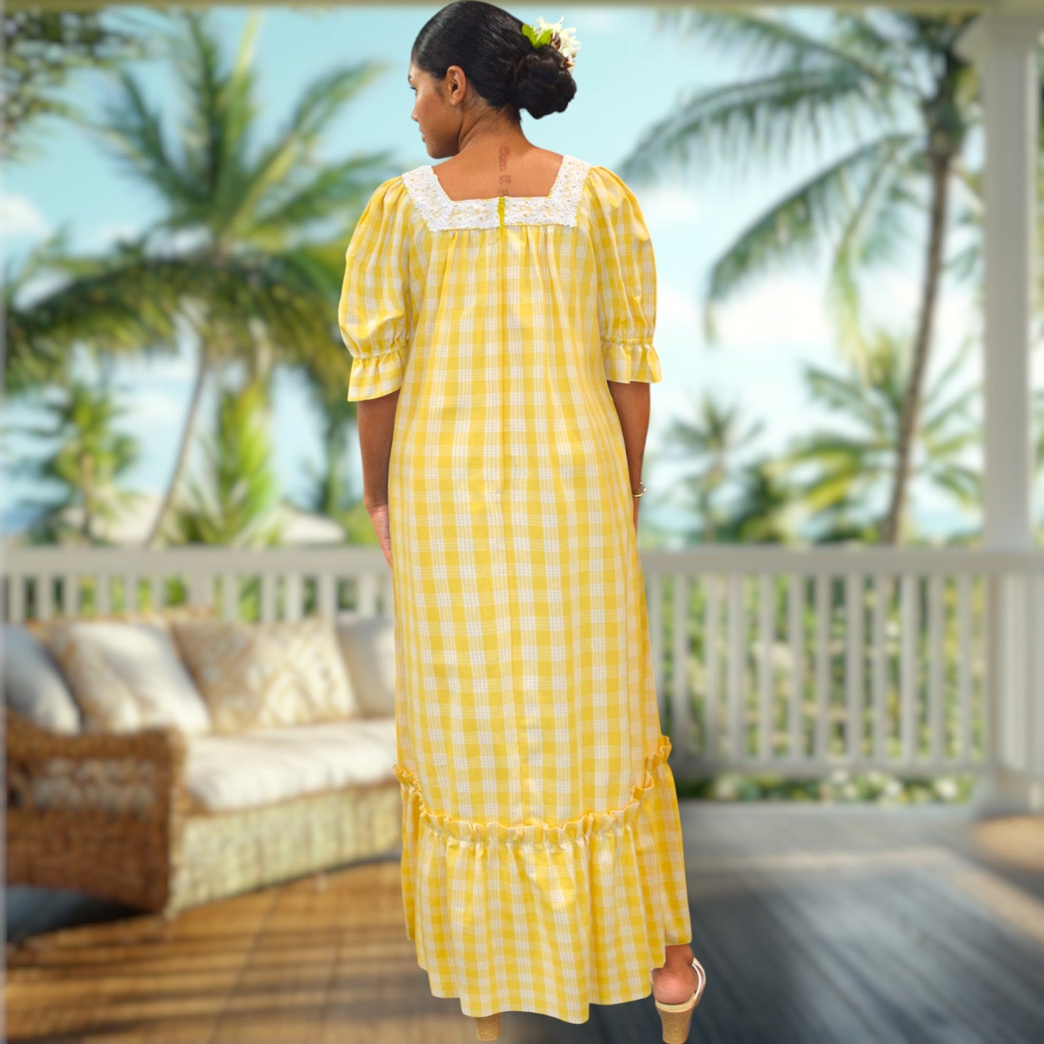 Yellow Palaka Half Sleeve Muumuu Lace Trim
