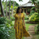 Women’s V-Neck Rayon Dress with Smocked Bodice and Ruffle Sleeves in Loulu Palm Leaf – PK Original Print-3