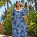 Blue Hawaiian Puff Sleeve Long Dress – White Ruffle Trim, 100% Cotton-2