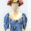 Blue Hawaiian Puff Sleeve Long Dress – White Ruffle Trim, 100% Cotton-5