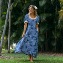Blue Hawaiian Puff Sleeve Long Dress – White Ruffle Trim, 100% Cotton-1