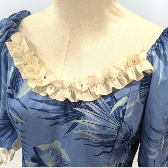 Blue Hawaiian Puff Sleeve Long Dress – White Ruffle Trim, 100% Cotton