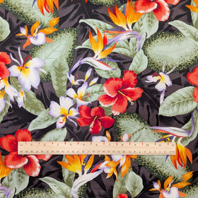 Black Hibiscus & Bird of Paradise Hawaiian Fabric – 100% Cotton - 0
