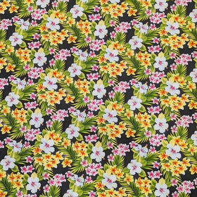 Black Plumeria & Hibiscus Hawaiian Fabric – 100% Cotton