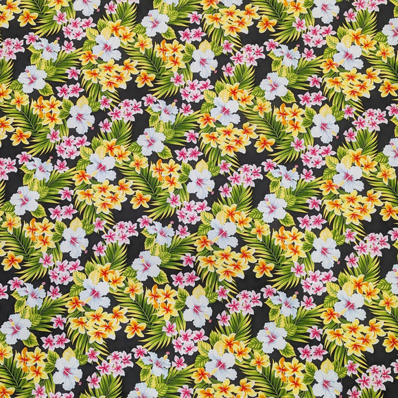 Black Plumeria & Hibiscus Hawaiian Fabric – 100% Cotton