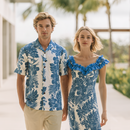 Blue Hibiscus Hawaiian Matching Set – Aloha Shirt & Elegant Ruffle Dress-1
