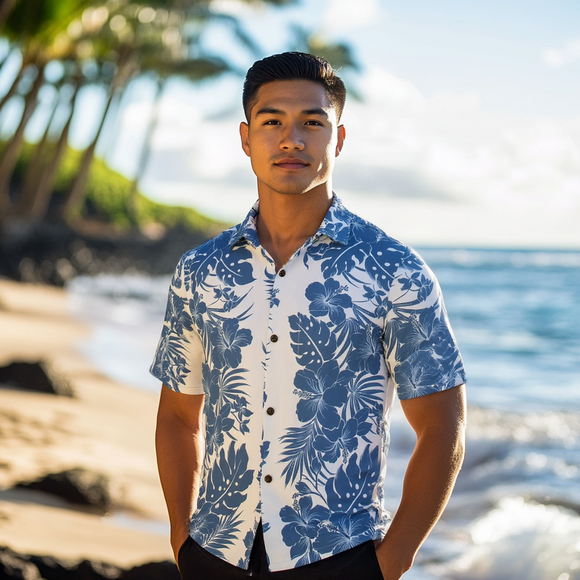 Blue Hibiscus Hawaiian Matching Set – Aloha Shirt & Elegant Ruffle Dress