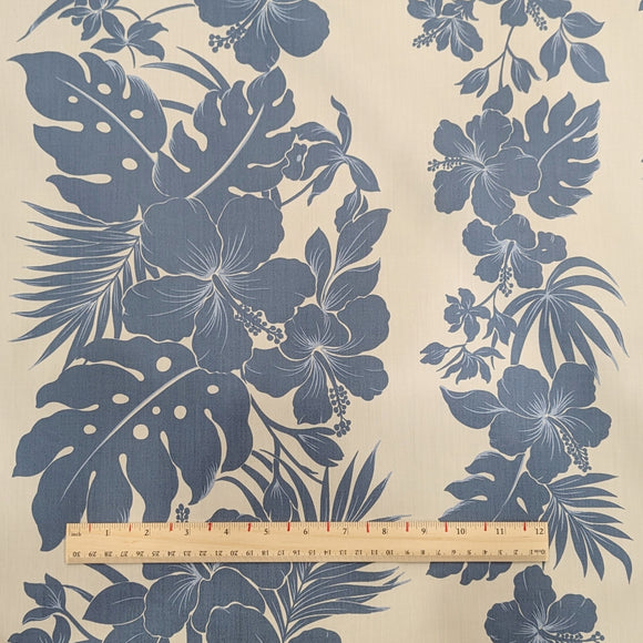 Blue Hibiscus Monstera Stripe Hawaiian Fabric – Polycotton