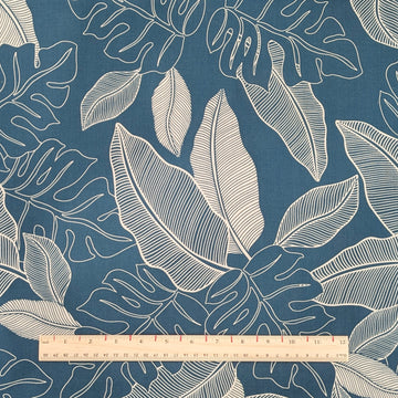 Blue Monstera & Tropical Leaf Line Art Hawaiian Fabric – Polycotton - 0
