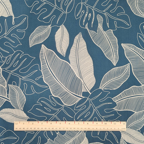 Blue Monstera & Tropical Leaf Line Art Hawaiian Fabric – Polycotton