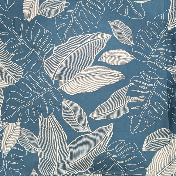 Blue Monstera & Tropical Leaf Line Art Hawaiian Fabric – Polycotton