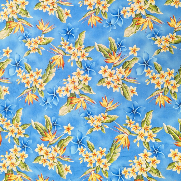 Blue Plumeria & Bird of Paradise Hawaiian Fabric – 100% Cotton