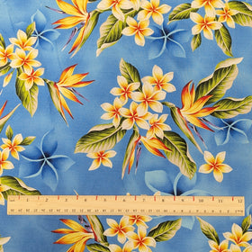 Blue Plumeria & Bird of Paradise Hawaiian Fabric – 100% Cotton - 0