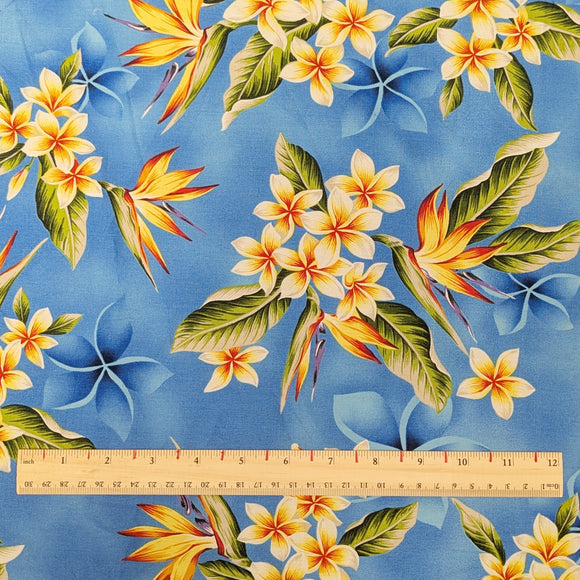 Blue Plumeria & Bird of Paradise Hawaiian Fabric – 100% Cotton