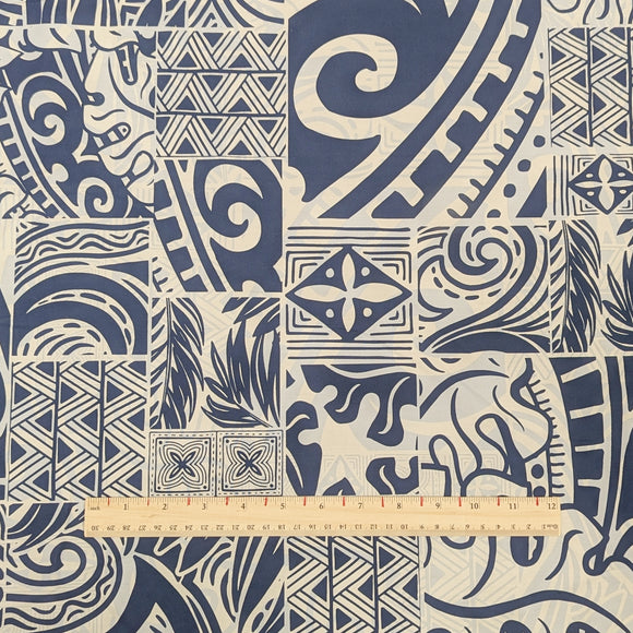 Blue Polynesian Patchwork Hawaiian Fabric – 100% Cotton