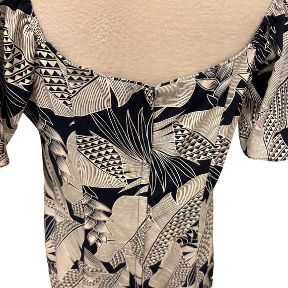 Flare Sleeve  Hawaiian plants Print Rayon Dress - Navy