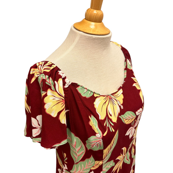 Red Hibiscus Flare Sleeve Rayon Dress