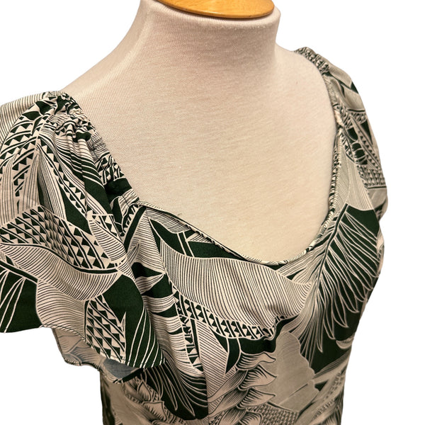 Flare Sleeve  Hawaiian plants Print Rayon Dress - khaki　2869