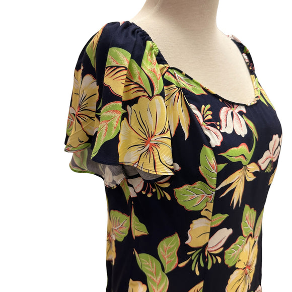 Navy Hibiscus Flare Sleeve Rayon Dress　2869