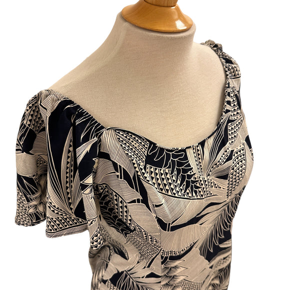 Flare Sleeve  Hawaiian plants Print Rayon Dress - Navy