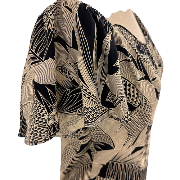 Flare Sleeve  Hawaiian plants Print Rayon Dress - Navy