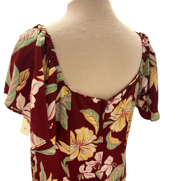 Red Hibiscus Flare Sleeve Rayon Dress